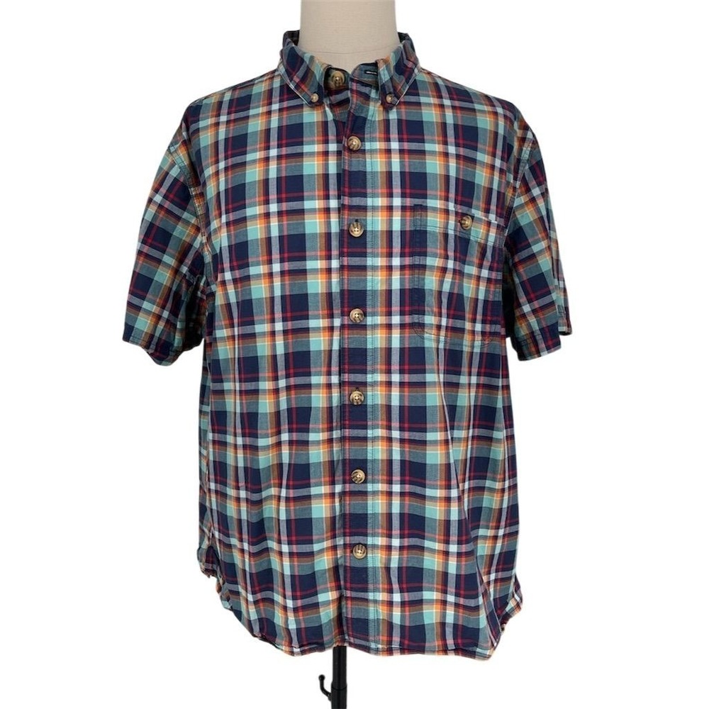 Duluth Trading Co Men's 2X Blue Plaid Short Sleeve Button-Up Shirt See‎ Note